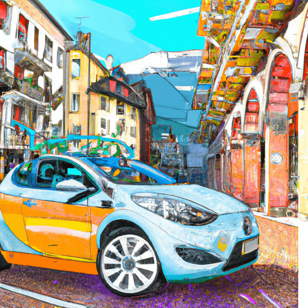 Auto moderno tra case alpine, montagne nevate, meli tirolese, persona saluta