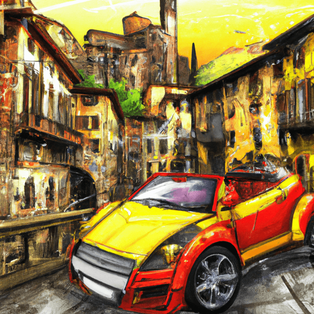 Automobile in città, paesaggio di Bergamo, montagne, architettura locale