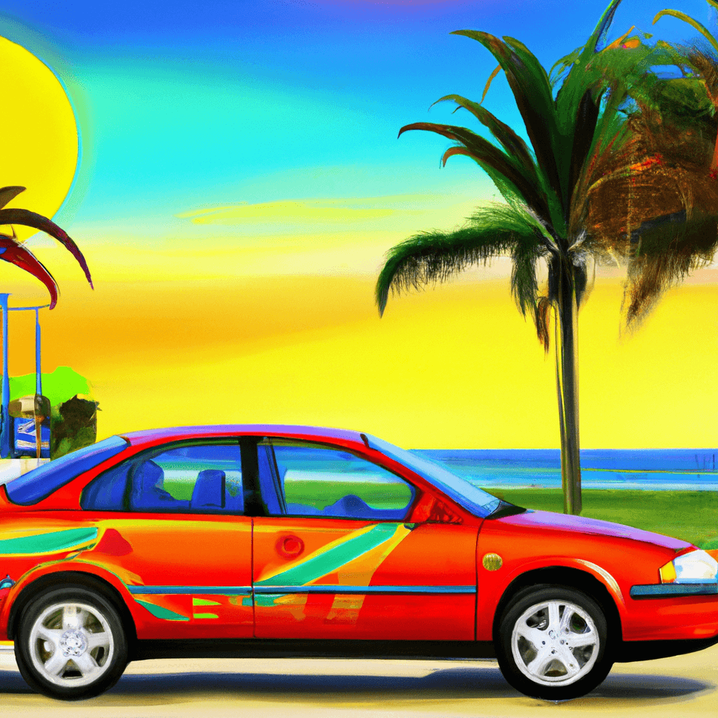 Auto in città, palme, spiaggia, tramonto, bambini giocano a calcio