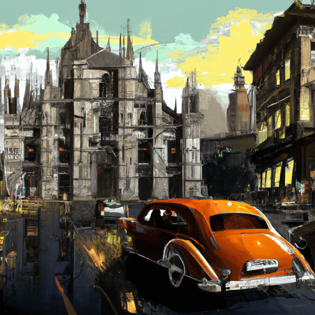 Auto a punto de partir, Duomo di Milano, gente y tranvías