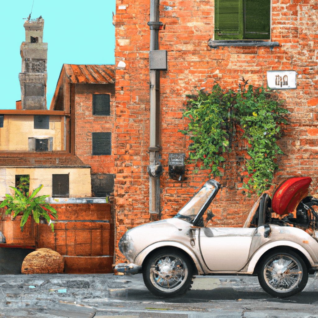 Coche en Lucca entre ciclistas, vendedor de helados, horno de pizzas