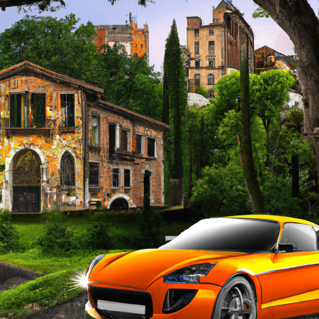 Coche en la ciudad, edificios históricos, verde vegetación, Monticello
