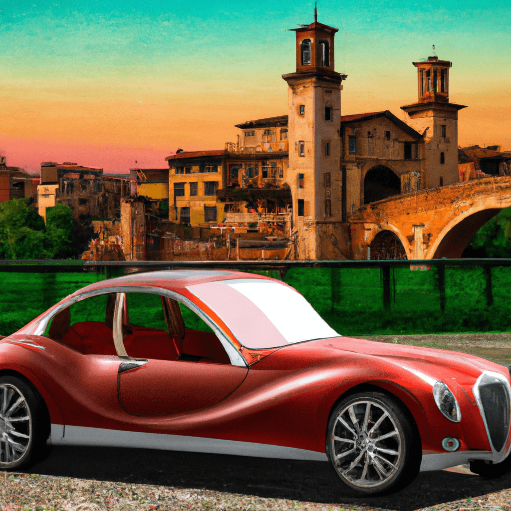 Coche moderno, viñedos, río, puente antiguo, Torre dei Lamberti