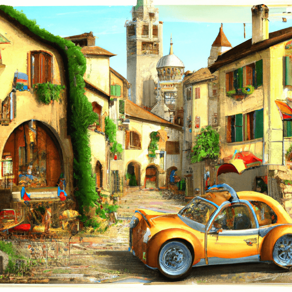 Auto in città, vigneti, architettura rinascimentale, lago di Iseo