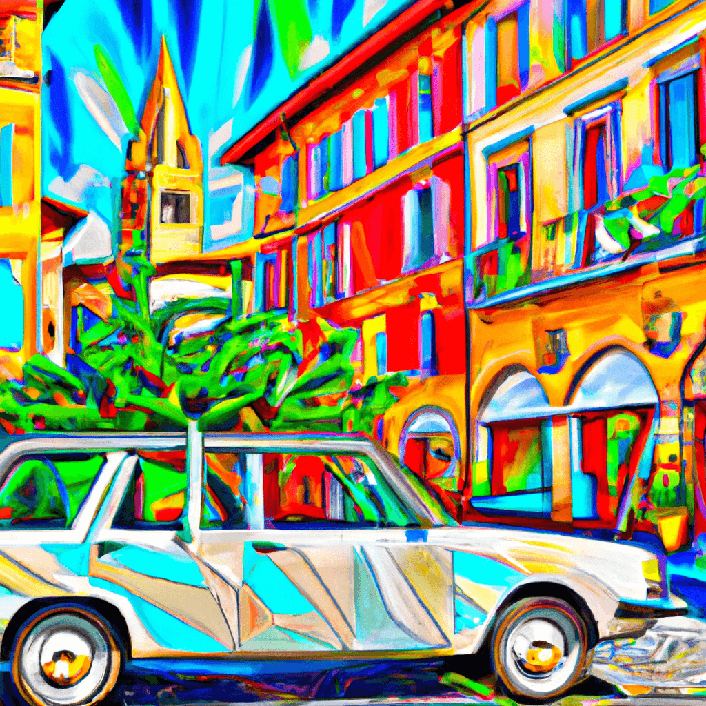 Coche en la plaza del Popolo de Ravenna, personas, mosaicos coloridos