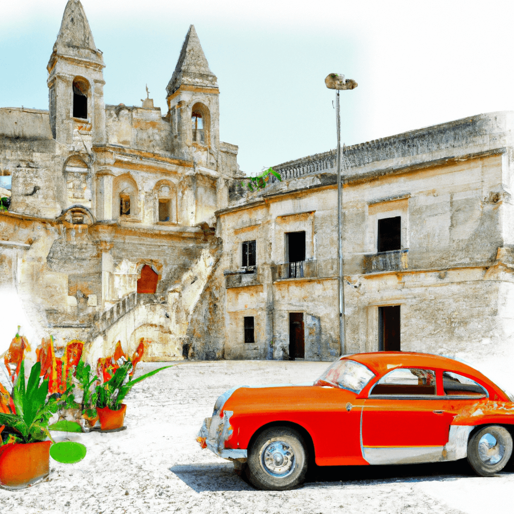 Auto in città, edifici arenaria, agrumi fioriti, balconi e lampioni