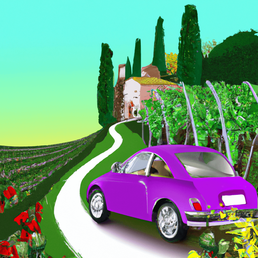 Coche de ciudad entre viñedos, lavanda y villa italiana