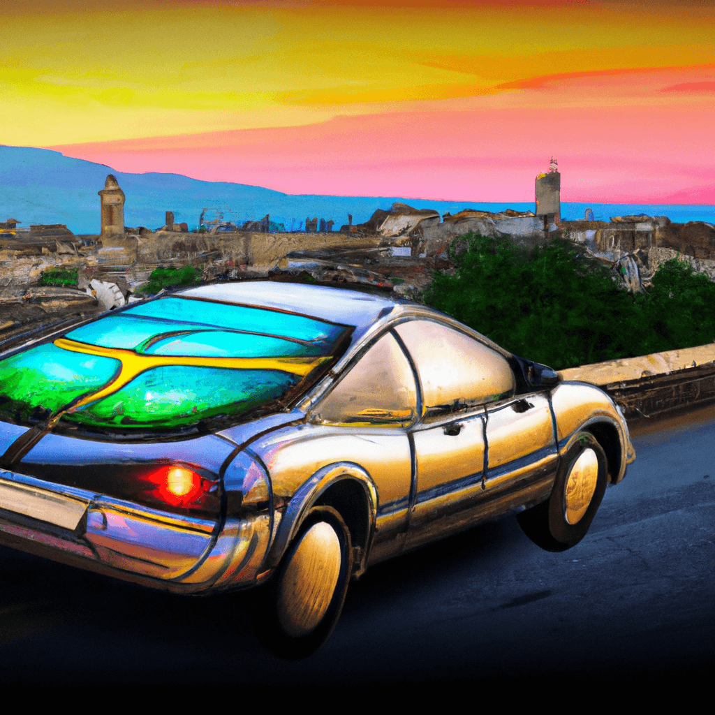 Coche en paisaje español con montaña, mar, plaza y fuente