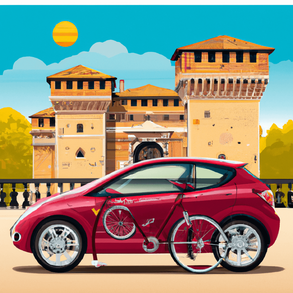 Auto in città con castello Estense, bicicletta, fiume Po
