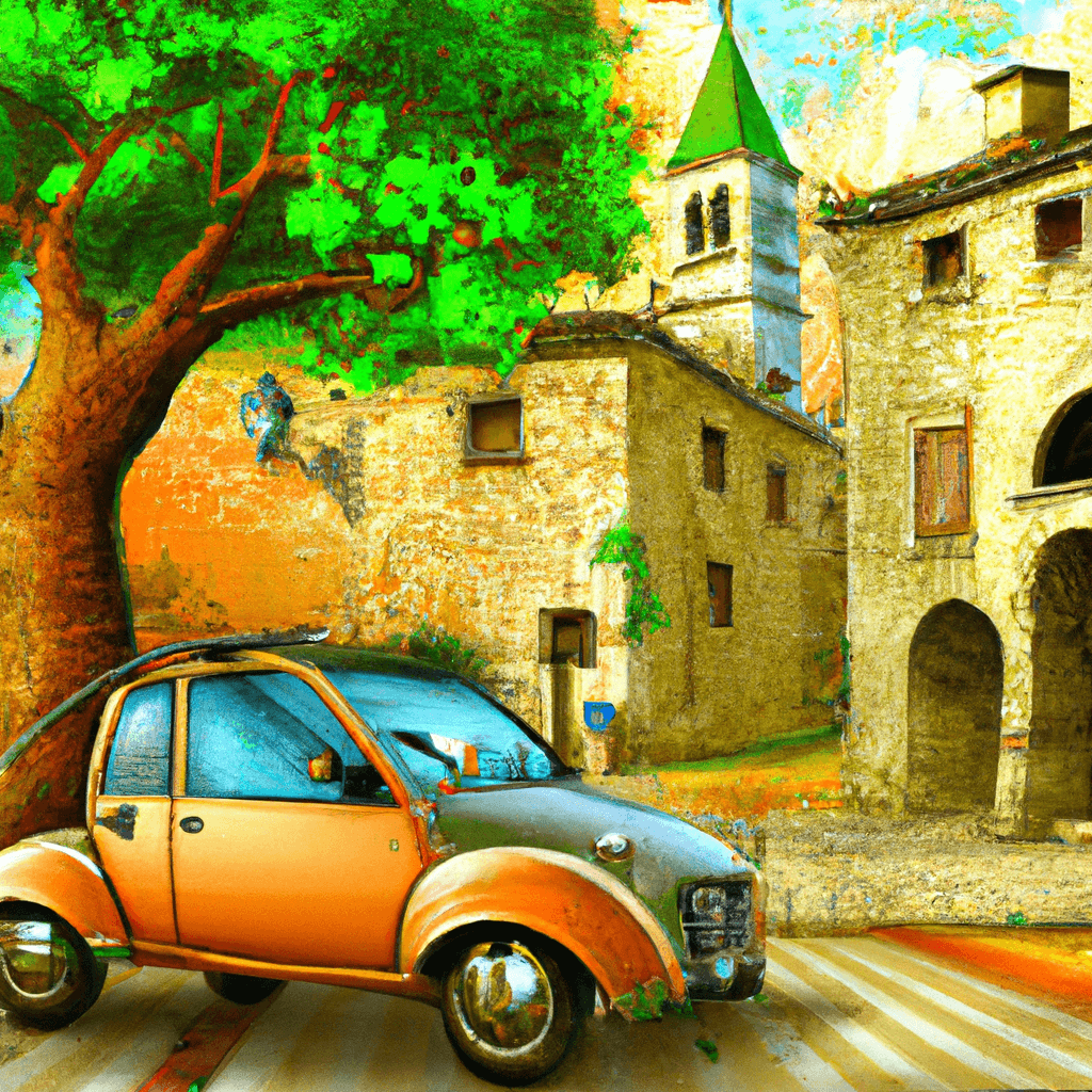 Auto cittadino, ulivi, caffè all'aperto, castello di Udine.