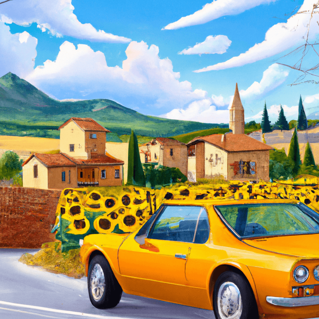 Macchina in città, cipressi, colli, girasoli, caffè esterno