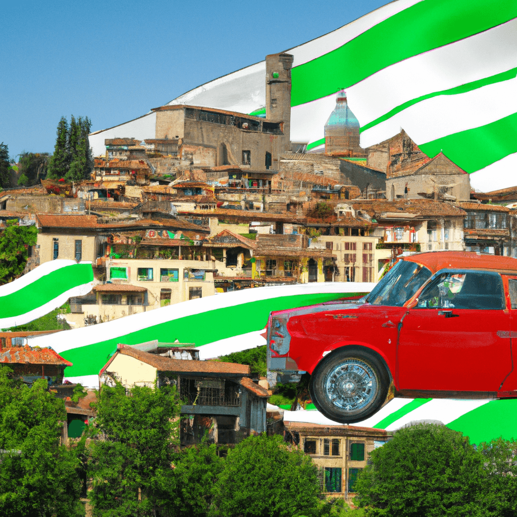 Auto in città con bandierine, sullo sfondo idilliaco paesaggio Pistoia