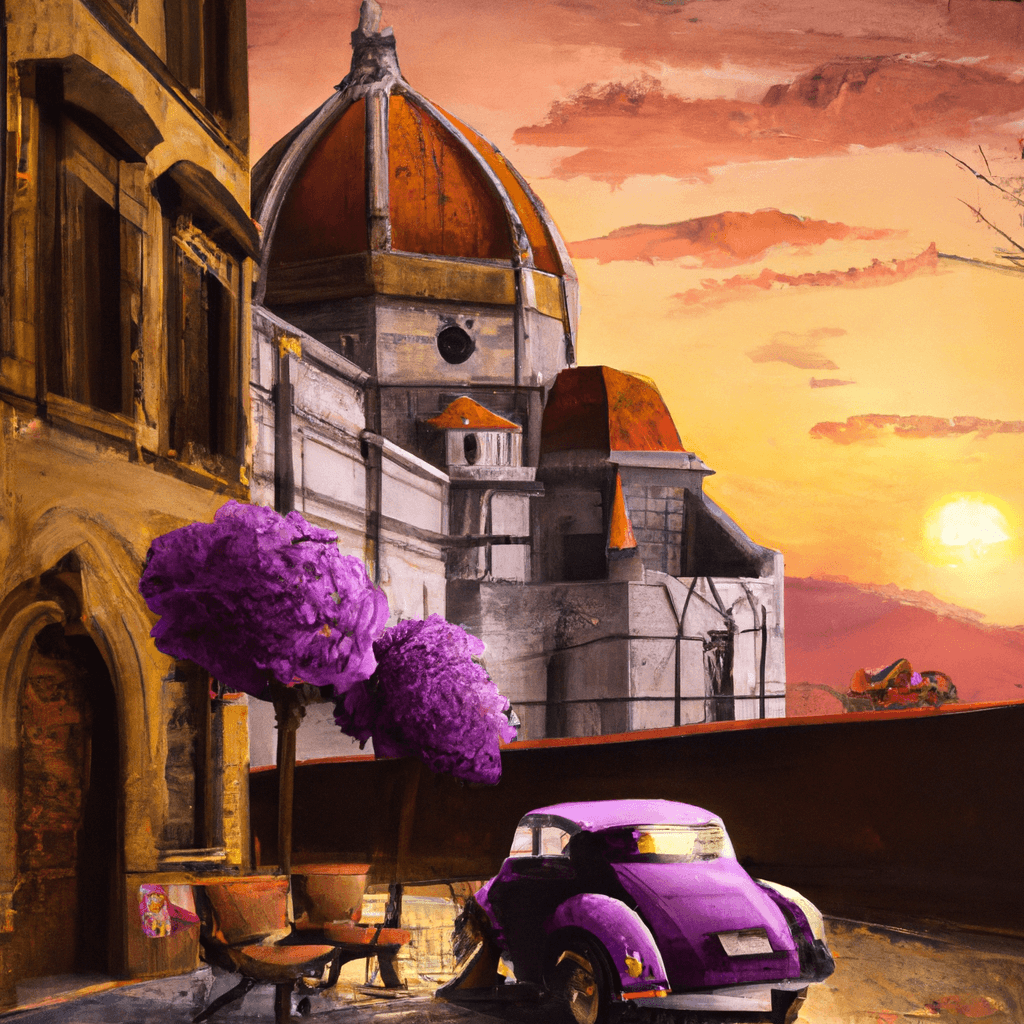 Auto in piazza florentina al tramonto, jacaranda in fiore, Duomo al fondo