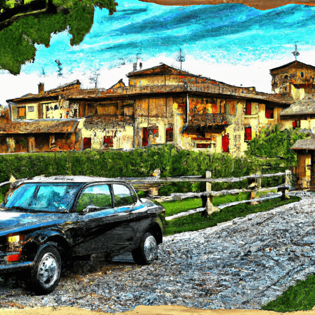 Coche de ciudad en paisaje de Piacenza con castillo, rio y viñedos