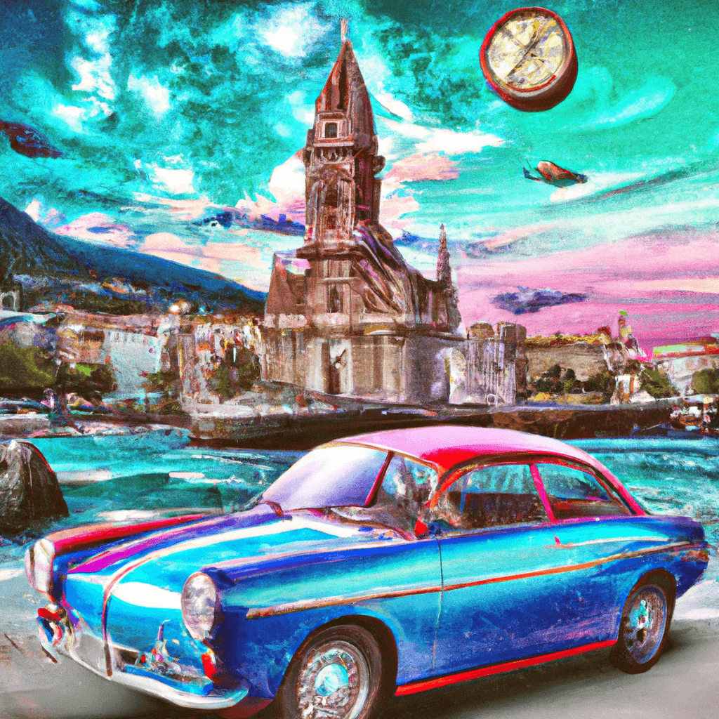 Coche retro en puerto de Messina, mar, montañas, reloj astronómico