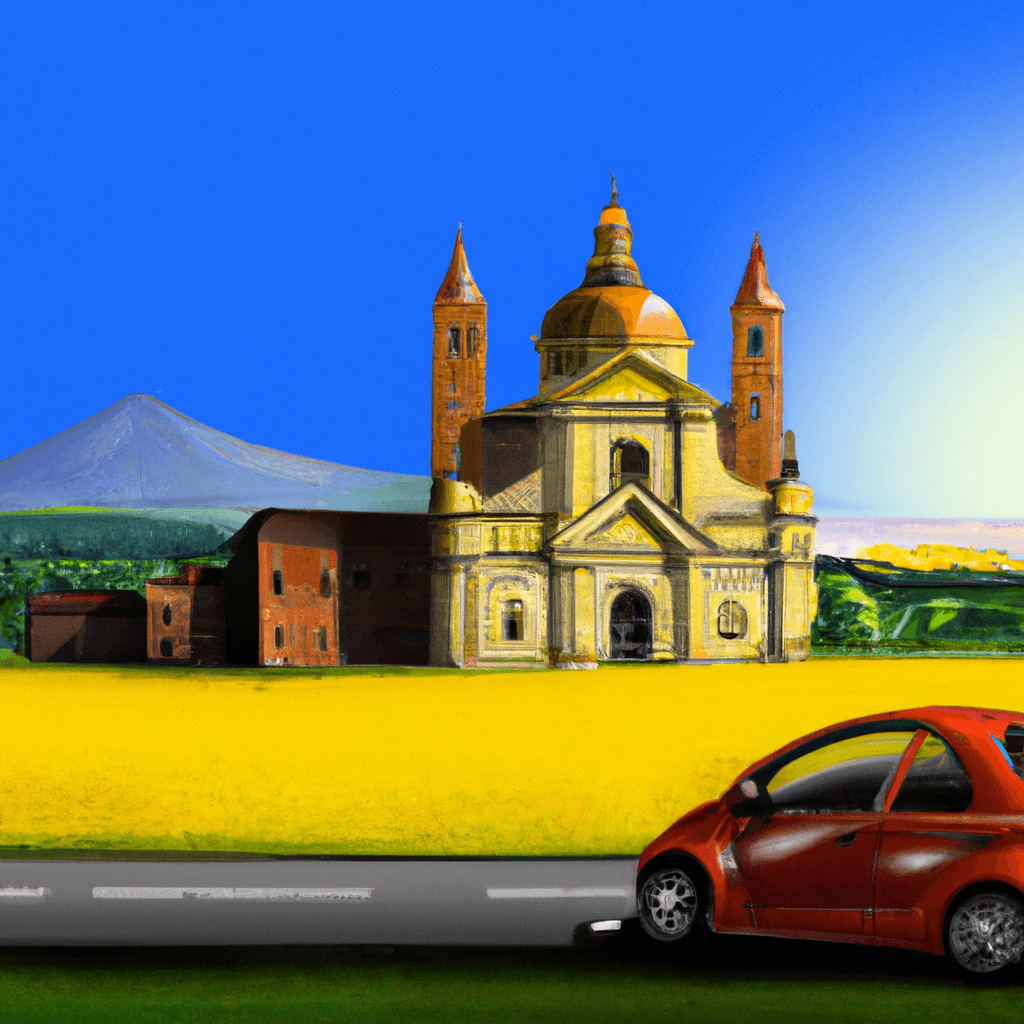 Coche en paisaje de Novara, entre campos de arroz y Basilica di San Gaudenzio