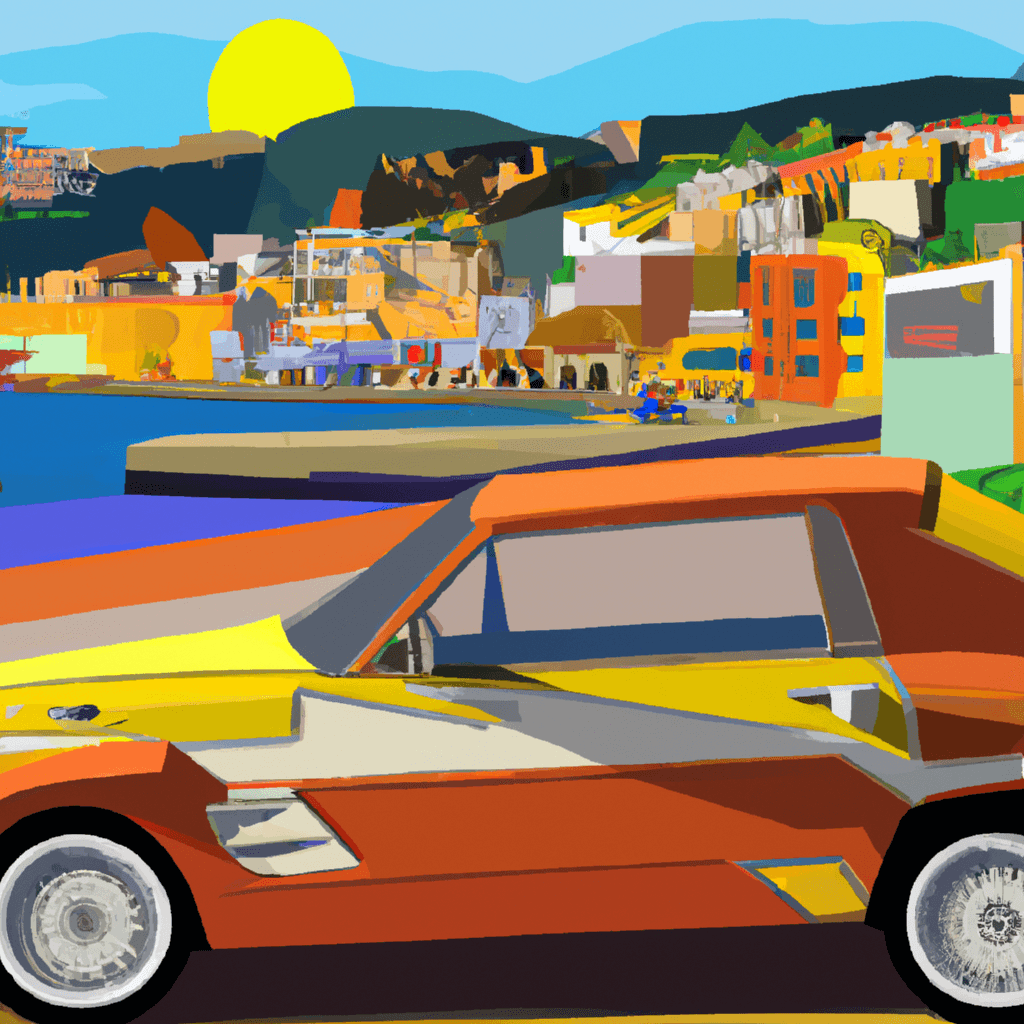 Coche en el puerto de Ancona, faro, barcos y colinas