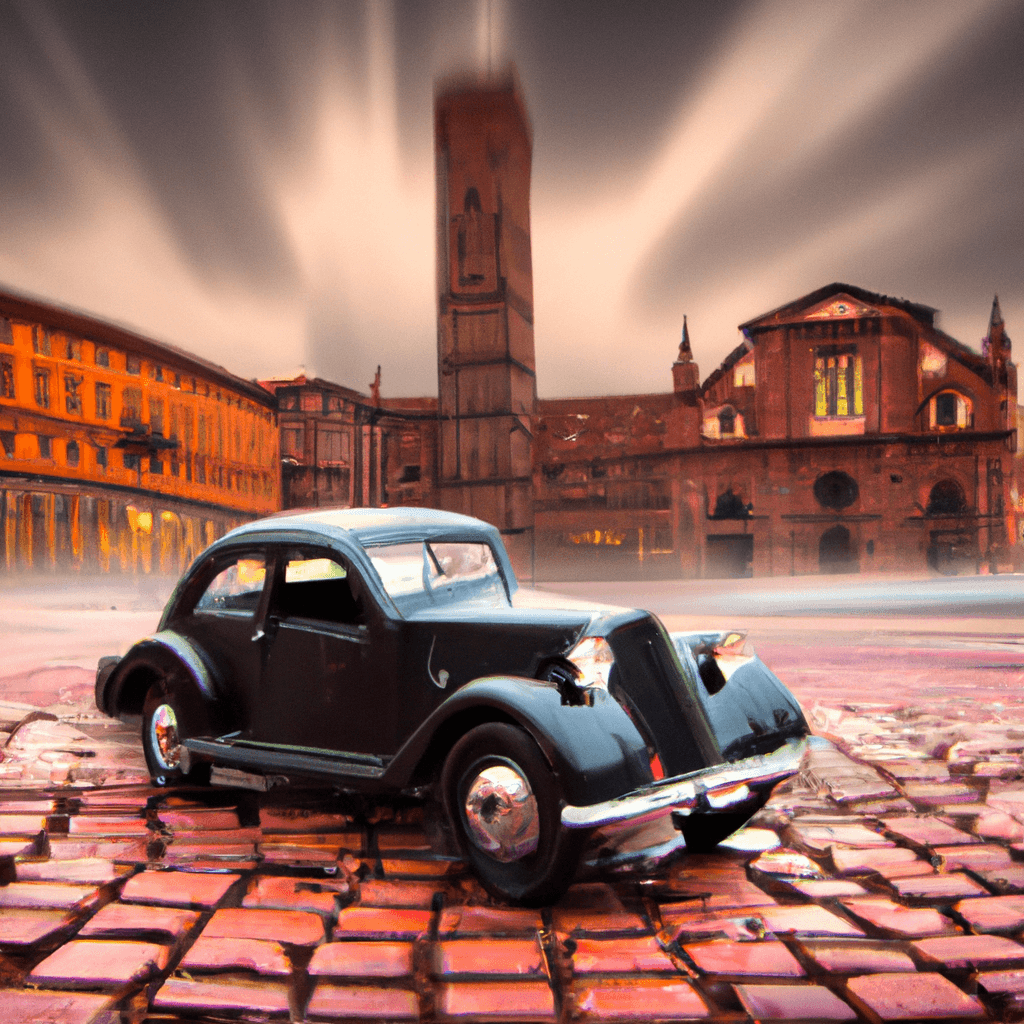 Coche in movimento su fondo di torri e Piazza Maggiore