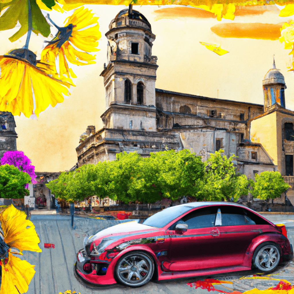 Coche vibrante entre viñedos, mariposas y la Torre Saffi