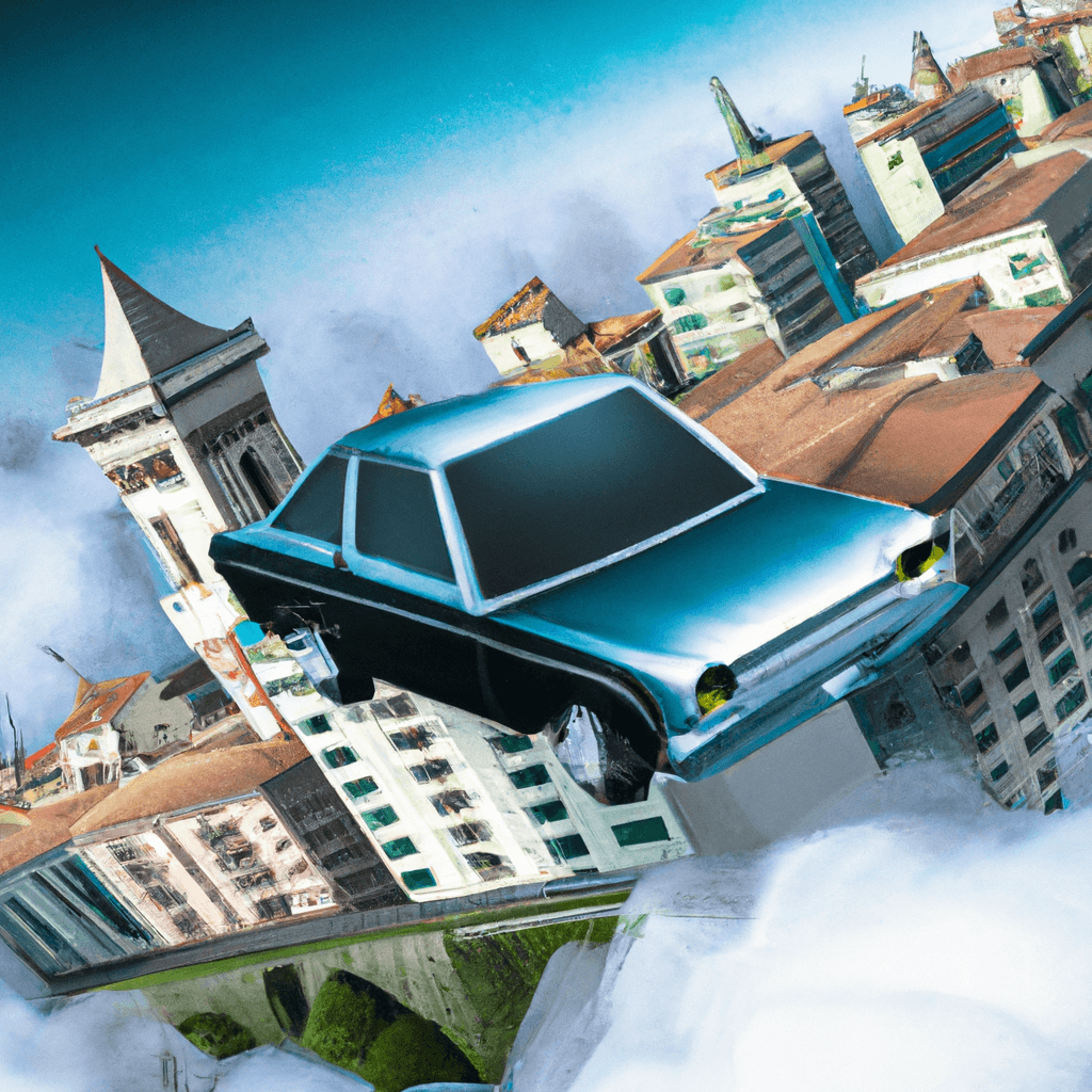 Un coche volando sobre Vicenza, montañas Dolomitas, cipreses y girasoles